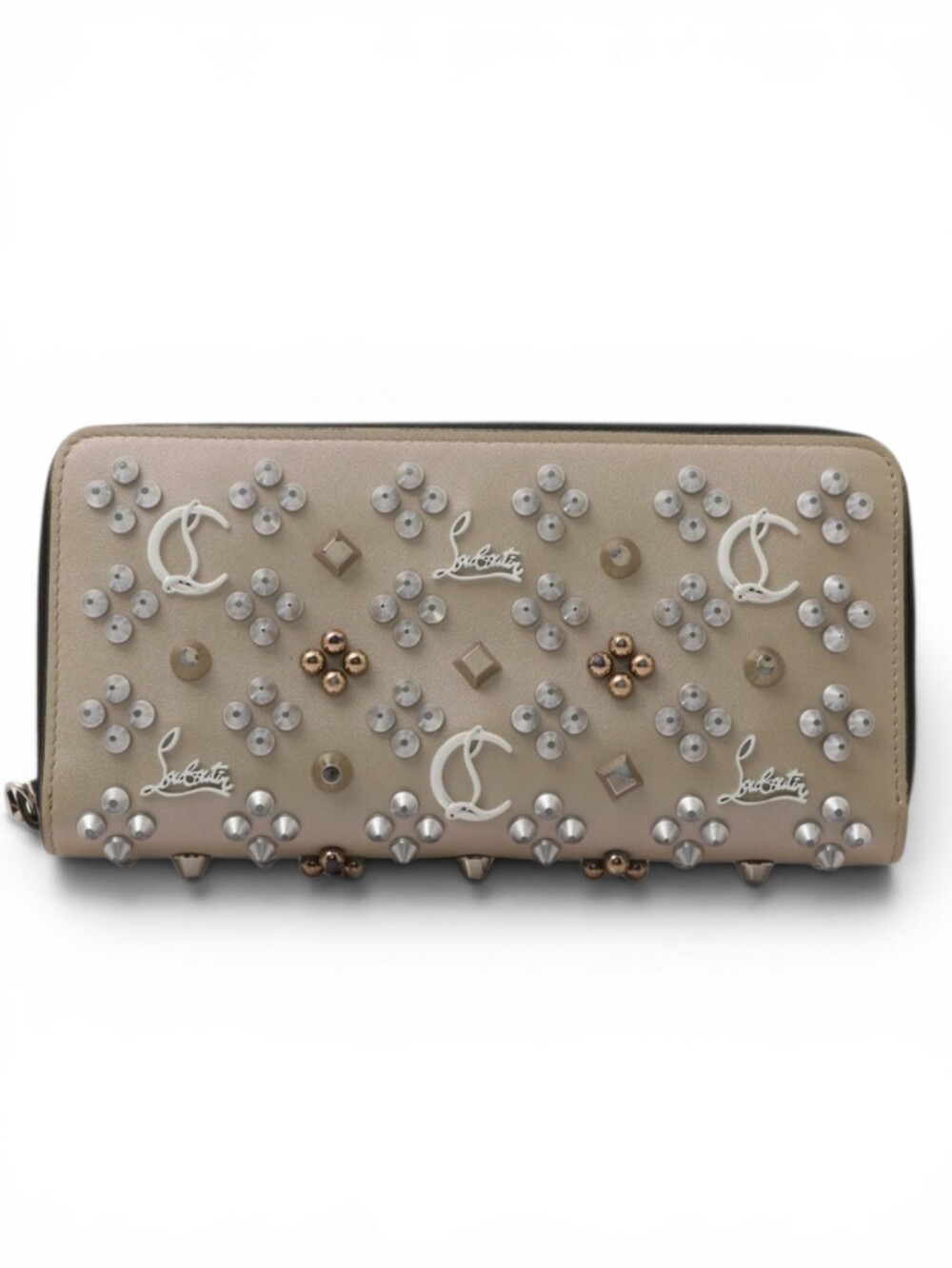 Christian Louboutin Embellished Beige Zip-Around Wallet with Studs